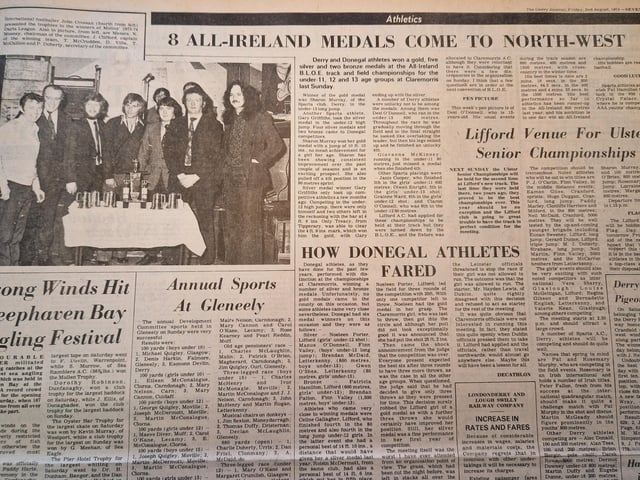 The intro to the story reads: "Derry and Donegal athletes won a gold, five silver and two bronze medals at the All-Ireland B.L.O.E track and field championships for the under-11, 12 and 13 age groups at Claremorris last Sunday."