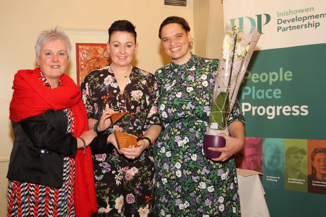 Shauna McClenaghan, CEO Inishowen Development Parnership and Danielle Bonner, Donegal Women's Collective presenting special guest Roseena Toner with her award