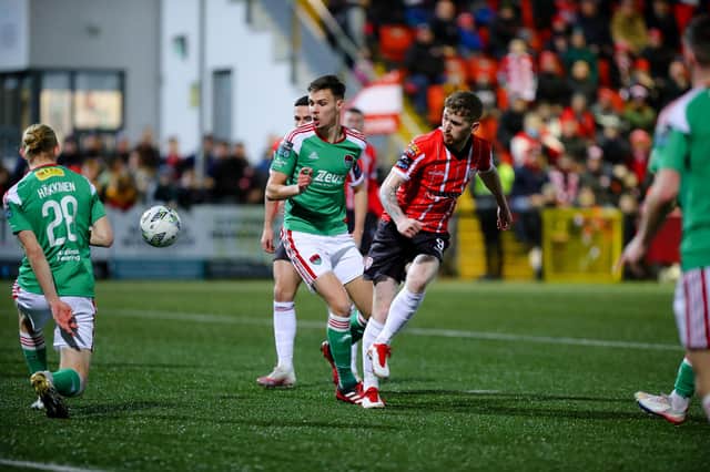 Jamie McGonigle gets a shot on goal during Friday night's win over Cork at Brandywell.
