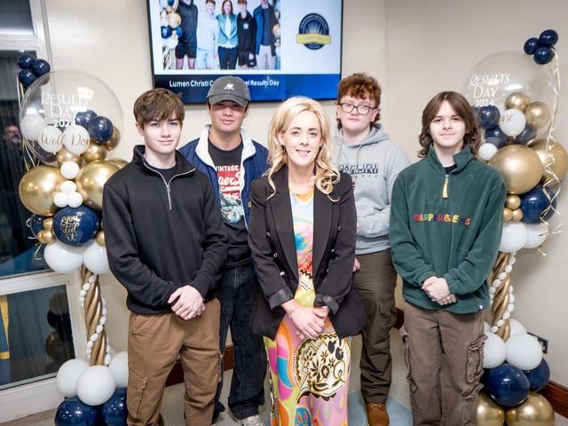 Zach McFadden, Evan Evers-Cheung, Mrs McShane (Senior Teacher), Michael McHugh, Conor Devine.