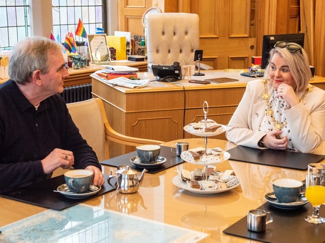 The Mayor Councillor Sandra Duffy welcomed members of Leafair Mens Health Group to the Guildhall this week for a catch up and to hear about the contribution the group makes to their lives. Included are, Derek Evans, Paul Redden, Eddie Coyle, John Bradley and Chantelle McCallion, co-ordinator. Picture Martin McKeown. 04.04.23