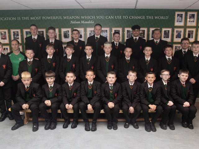 Mr. Katie Walsh pictured with her 157 Year 8 Form Class at St. Joseph's Boys School on Monday morning. (Photos: Jim McCafferty Photography) : St. Joseph's Boys School welcomes latest influx of Year 8 pupils