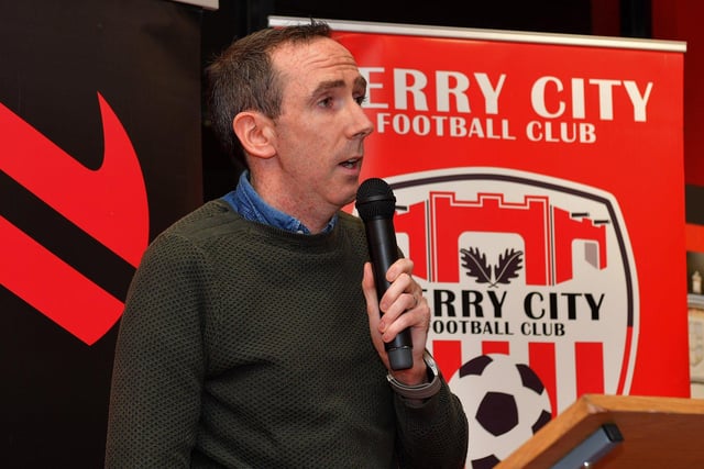 Kevin McDaid, Derry City merchandising committee, speaking at the launch of Derry City’s 2024 home shirt at O’Neill’s superstore on Wednesday evening. Photo: George Sweeney