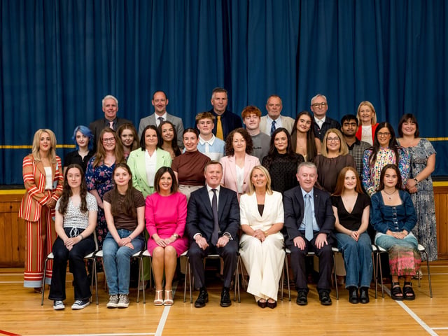 Pupils who received 1st Place in Subject at A2 Level pictured with Heads of Department, Professor David Hassan (Board of Governors), Mrs Brónach O’Hare (Vice Principal), Dr Michael Gormley (Senior Teacher), Ms Maeve Mc Menamin (Senior Teacher). Lumen Christi College