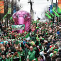 The Derry St Patrick’s Day parade makes its way towards the city centre on Monday afternoon. Photo: George Sweeney.