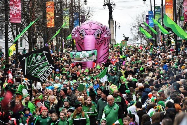 The Derry St Patrick’s Day parade makes its way towards the city centre on Monday afternoon. Photo: George Sweeney.