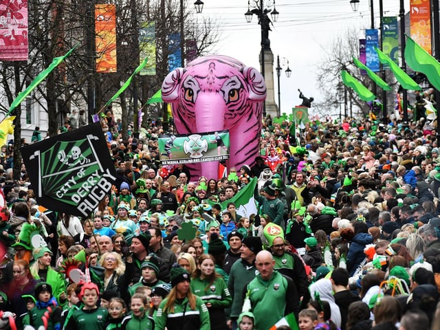 The Derry St Patrick’s Day parade makes its way towards the city centre on Monday afternoon. Photo: George Sweeney.