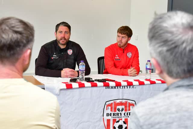 Derry City manager Ruaidhri Higgins and new signing Jacob Davenport answer questions from the media at the Brandywell press conference. Photo by Kevin Morrison.
