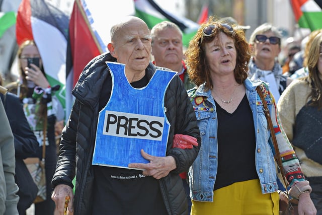 Veteran civil rights campaigner Eamonn McCann at the  Freedom for Palestine march and rally held in Derry on Saturday afternoon.  Photo: George Sweeney