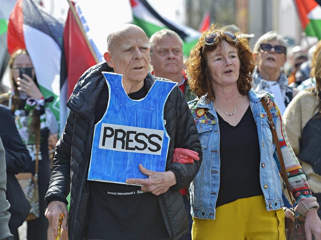 Veteran civil rights campaigner Eamonn McCann at the  Freedom for Palestine march and rally held in Derry on Saturday afternoon.  Photo: George Sweeney