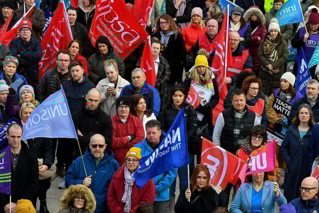Teachers' unions members and supporters hold a strike rally in Guildhall Square on Tuesday morning. Photo: George Sweeney. DER2308GS 66