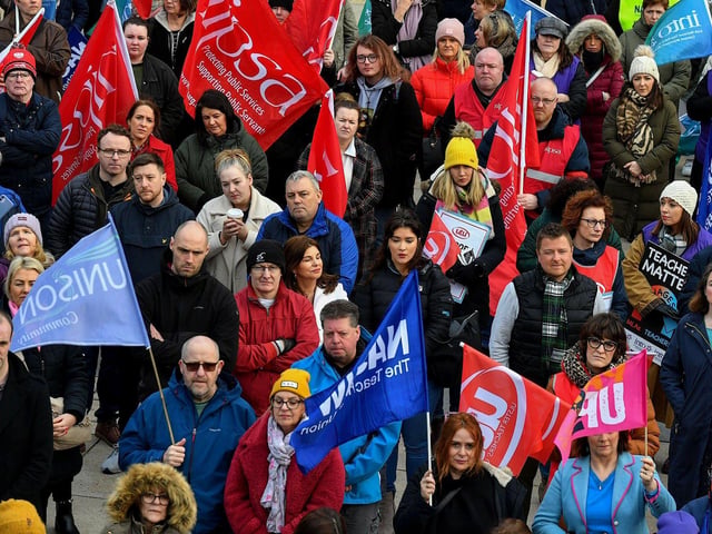 Teachers' unions members and supporters hold a strike rally in Guildhall Square on Tuesday morning. Photo: George Sweeney. DER2308GS 66