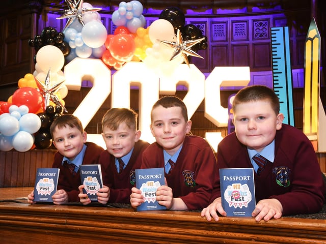 St. John's Primary School pupils Fionn, Rossa, Christopher and Grayson enjoyed the Foyle Kumon NI Maths Fest in the Guildhall. : .