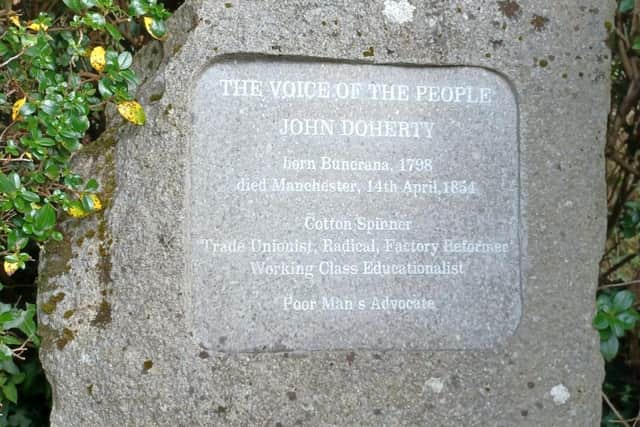 A monument in Buncrana to John Doherty, who was a leading figure within the radical labour movement in Manchester in the decades leading up to the development of Fenianism in the city.