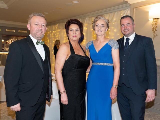 Jimmy Stafford, MC, Deirdre Bradley, Chairperson, Elaine McColgan, Committe and Davin Doherty, Committee at the Carndonagh Traders Business and Community Awards in the Ballyliffin Lodge Hotel on Saturday night last. Photo Clive Wasson.