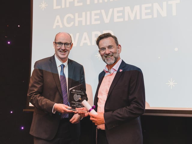 Lifetime Achievement Award Dr Philip Gardiner, retired Consultant Physician Altnagelvin Hospital, with Neil Guckian.