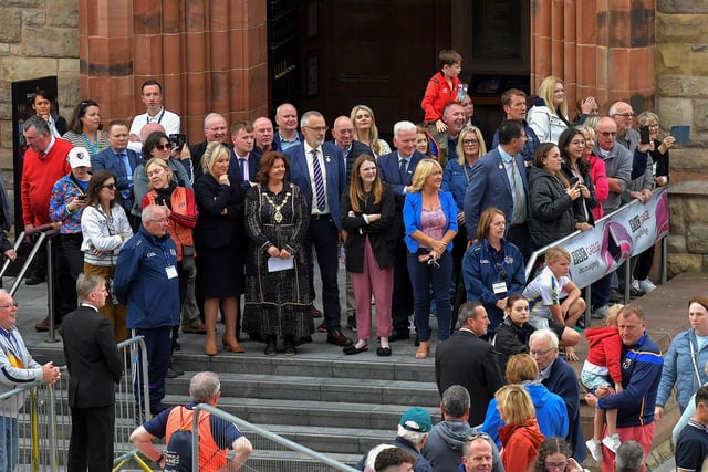 Bishop Donal McKeown, Michelle O’Neill MLA, Mayor Patrica Logue and Larry McCarthy, GAA president were among the dignitaries at the frs Recruitment GAA World Games opening parade on Monday evening.  Photo: George Sweeney. DER2330GS -