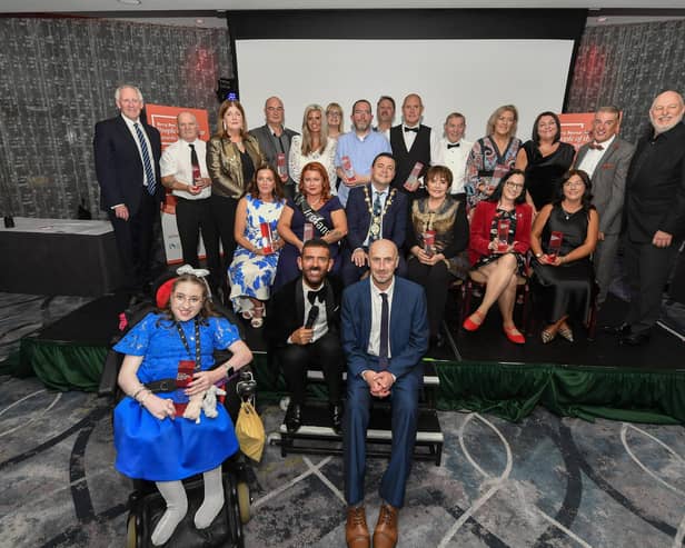 Derry Journal / BetMcLean People of the Year Awards 2025. Mayor Ruairi McHugh, Brendan McDaid, editor of the Derry Journal and host Micky Doherty pictured with Award Winners and sponsors at the Everglades Hotel. Photo: George Sweeney