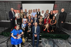 Derry Journal / BetMcLean People of the Year Awards 2025. Mayor Ruairi McHugh, Brendan McDaid, editor of the Derry Journal and host Micky Doherty pictured with Award Winners and sponsors at the Everglades Hotel. Photo: George Sweeney