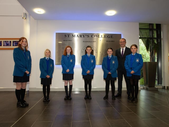 St. Mary's College Principal, Mr. Brendan McGinn pictured with some of the students who started at the school on Friday morning last. (Photos: Jim McCafferty Photography)