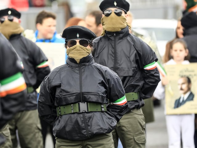 Members of the Colour Party at the Saoradh Easter Commemoration leaving Creggan Shop to City Cemetery.  (Photo - Tom Heaney, nwpresspics)