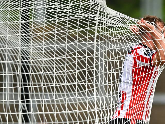 Jamie Stott of Derry City reacts to a missed opportunity during the SSE Airtricity Men's Premier Division match between Derry City and Galway United at Find Insurance Celtic Park in Derry. Photo by Shauna Clinton/Sportsfile