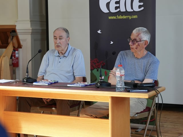 Mitchel McLaughlin and Paul Gosling during a discussion of Mr. Gosling's book 'A New Ireland - Five Year Review'.