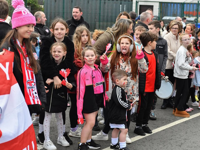 Derry City fans at the Brandywell Stadium on Saturday morning prior to the team’s departure for Dublin ahead of Sunday’s FAI Cup Final against Drogheda United. Photograph: George Sweeney