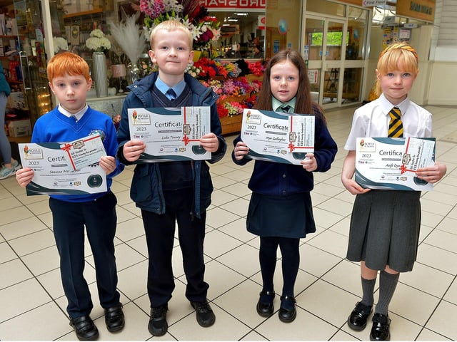 Joint Second Place in the KS1 My Dream category in the inaugural Foyle Schools Poetry Competition were Seamus McClarnin, St Paul’s PS, Luke Tinney, Hollybush PS, Mya Gallagher, Long Tower PS and Aoife Dyas, Model PS. Photo: George Sweeney. DER2313GS – 34