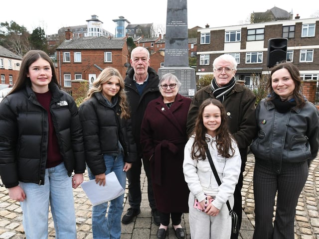 John Kelly, second from right, who led proceedings during the Bloody Sunday Memorial Service on Friday, pictured with contributors to the service, from left, Sophie McIntyre, Sam McDaid, Gerry Duddy, Jean Hegarty, Sarah Wray and Ami Nash.