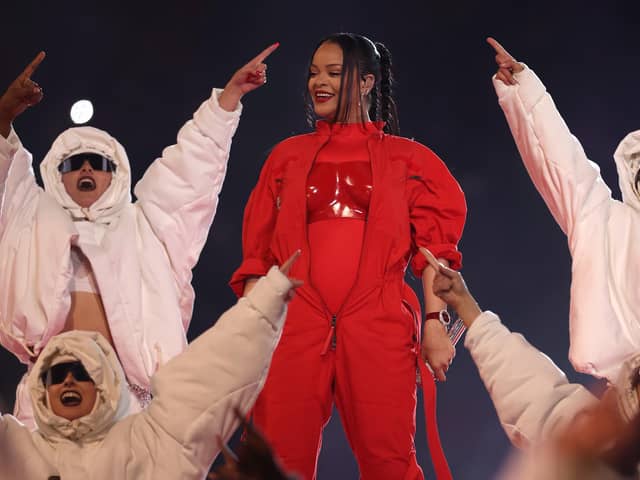 GLENDALE, ARIZONA - FEBRUARY 12: Rihanna performs onstage during the Apple Music Super Bowl LVII Halftime Show at State Farm Stadium on February 12, 2023 in Glendale, Arizona. (Photo by Gregory Shamus/Getty Images)