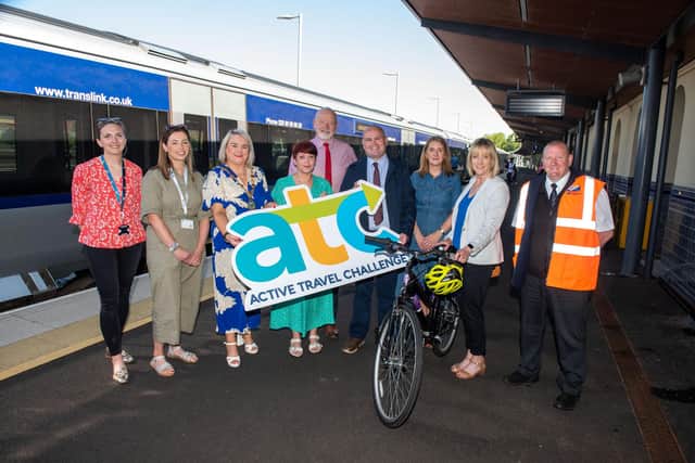 From left, Mary McLaughlin, DCSDC, Camilla Lowry WHSCT, Councillor Sandra Duffy, Mayor, DCSDC, Fiona McCann, PHA, Alan Young, Translink Bus, Clive Watson, Assistant Area Route Manager, Translink, Julie Finley Derry City and Strabane District Council, Claire Pollock Sustrans and Mark Dunn station supervisor