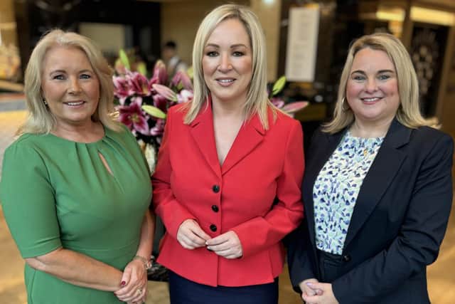 Sandra Duffy (on right) with Sinn Féin Vice-President Michelle O'Neill and the party's Fermanagh and South Tyrone candidate Pat Cullen.