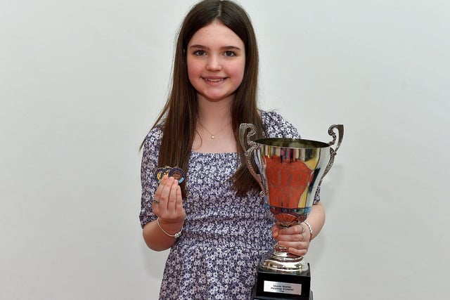 Sophie Hutchinson won the Charles Meenan Perpetual Cup for Age 12-13 Singing, was placed first for Studied Prose Year 8 and was awarded third place in Junior Any Song age 12-14 at the Feis Dhoire Cholmcille on Thursday at the Millennium Forum. Photo: George Sweeney.  DER2315GS – 179