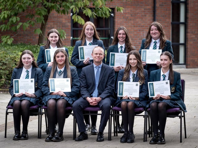 Award Winners for Dedication
Front Row: Hannah Molloy, Maria Godfrey, Dr N. Morewood (Head or Year), Annie Kelly, Caoimhe McDaid
Back Row: Kaelah O'Reilly Mellon, Fineen Doherty, Grace Lily Wilson, Annie Edwards 
7114