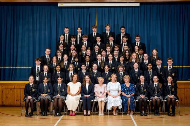 Top GCSE Results: Pupils who achieved 7 A grades or more in their GCSE examinations with Mrs Suzanne Deery (Senior Teacher), Dr Ailbhe Brady (Guest Speaker), Dr Marie Ferris (Principal), Ms Catherine Hughes (Head of Year) and Mrs Jacinta Bradley (Board of Governors).