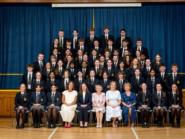 Top GCSE Results: Pupils who achieved 7 A grades or more in their GCSE examinations with Mrs Suzanne Deery (Senior Teacher), Dr Ailbhe Brady (Guest Speaker), Dr Marie Ferris (Principal), Ms Catherine Hughes (Head of Year) and Mrs Jacinta Bradley (Board of Governors).