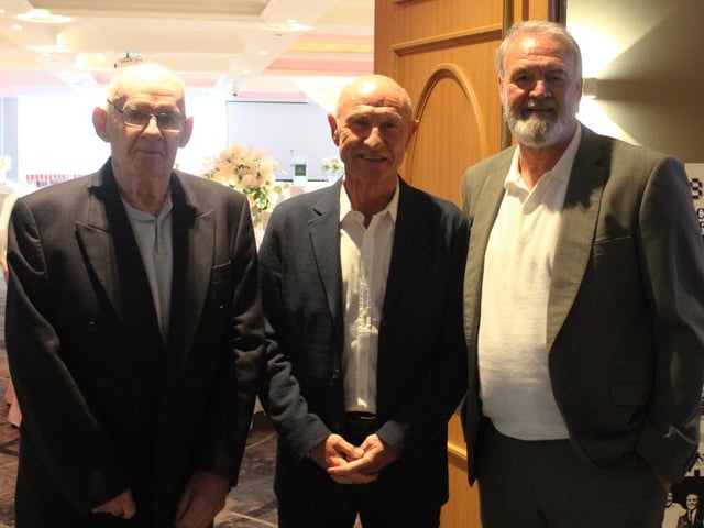 Eamonn McLaughlin, Dennis Tueart and Barry McCreadie pictured at the Everglades.
