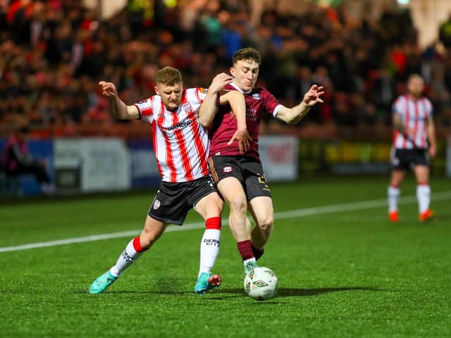 Ronan Boyce tussles for the ball against Galway at Brandywell at the end of March. Photograph by Kevin Moore.