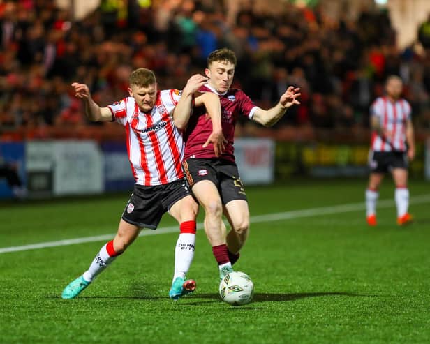Ronan Boyce tussles for the ball against Galway at Brandywell at the end of March. Photograph by Kevin Moore.