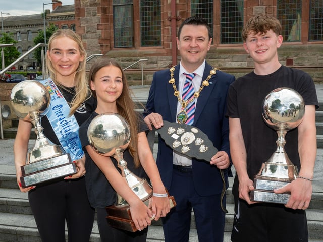 Derry City and Strabane District Council Mayor, Councillor Ruairí McHugh welcomed members of the McConomy-Bradley-Doherty Academy to the Guildhall as they celebrate their outstanding success at the recent World Championships in Dublin. World Champions, Caitlin Murray, U-18 Ladies Champion, Tallia Morrow, representing her friend Faye McCrudden who won the U-13 age group and Gary Doherty U-18 Men's Champion. Picture Martin McKeown. 19.06.25