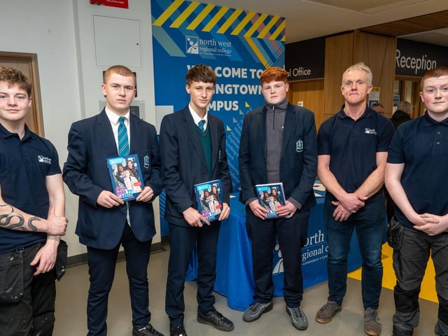 Hayden Roberts, Tristan Cleere Morn, and Gerard Faulkner from NWRC chat to Jack, Jamie and Daniel from St Patrick's and St Brigid's Claudy at Open Day at Springtown campus. (Pic Martin McKeown)