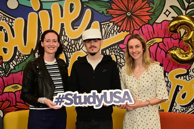 Keegan Houston pictured with Dr Erin Hinson, Study USA Student Support Advisor and Claire Hamilton, Study USA Programme Manager. (© Pacemaker Press International)