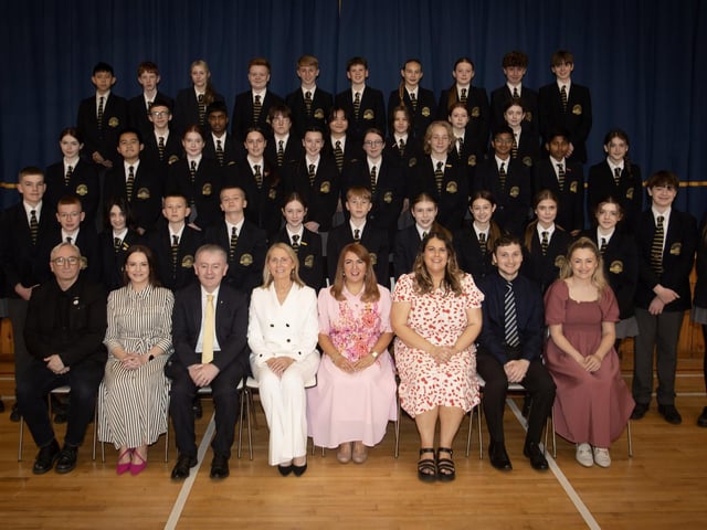Lumen Christi College Year 9 students who achieved Gold Merit Awards with Dr Michael Gormley (Senior Teacher), Mrs Brónach O’Hare (Vice Principal), Mrs Emer McCaffrey (Head of Year 9) and Year 9 Form Tutors.