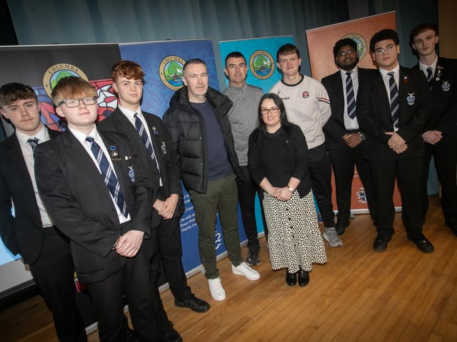 Mrs. Caroline McLaughlin, Principal, St. Columb's College pictured welcoming Oisin McConville, former Armagh GAA star to the school. Included from left are Mr. Eamonn Burns, Head of PE, Oran O'Kane, GAA Participation Officer, and members of the Senior Prefect Team (Photos: Jim McCafferty Photography)