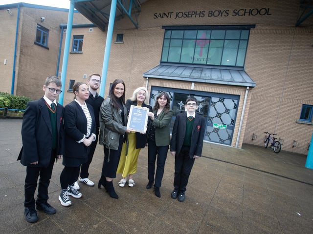 ENTERPRISING SCHOOLS AWARD. . . .Natalie Hamilton, Area Manager, Young Enterprise, presenting the 2023-24 Enteprising Schools Award for Commitment and Financial Skills in Young People to Mrs. Ciara Deane, Principal and Ms. Fionnvola McCaul, teacher, St. Joseph's Boys School on Tuesday morning last. Included from left are Conan Hannigan, St. Joseph's, Roisin-Aine Gallagher-Killen, Programme Manager and Leo Nicholl, Learning Manager Young Enterprise and Caiden Harkin, St. Joseph's. (Photos: Jim McCafferty Photography)