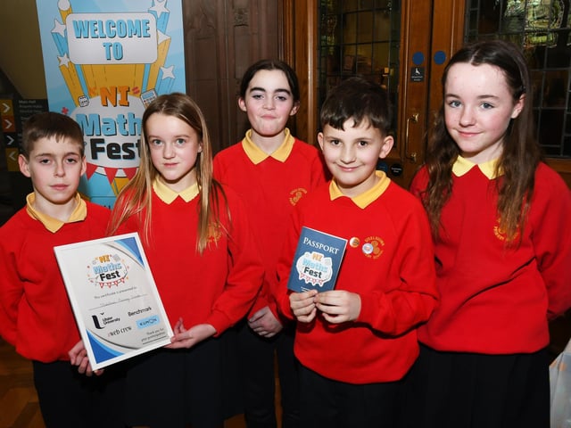 Steelstown Primary School pupils pictured with their certificate at the Foyle Kumon NI Maths Fest in the Guildhall. : .