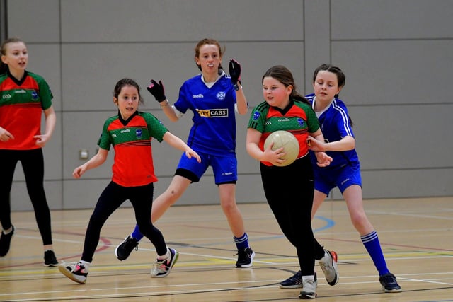 Chapel Road in action against Rosemount in the Derry City Primary School Girls’ Indoor Gaelic Finals Day at the Foyle Arena on Friday afternoon. Photo: George Sweeney. DER2308GS –119
