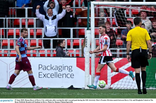 Ronan Boyce of Derry City celebrates after scoring his side's second goal during the SSE Airtricity Men's Premier Division match between Derry City and Drogheda United at The Ryan McBride Brandywell Stadium in Derry. Photo by Shauna Clinton/Sportsfile