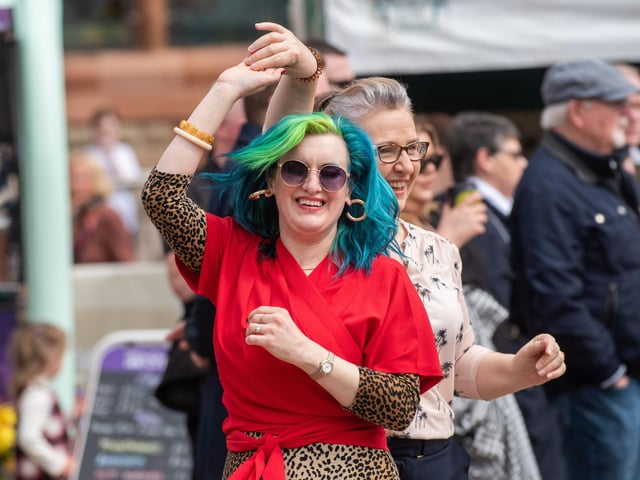 Dancing the afternoon away with Jim McDermott and Friends at the Gay McIntyre Stage in Guildhall Square during the City of Derry Jazz and Bigband Festival. Picture Martin McKeown. 05.05.24